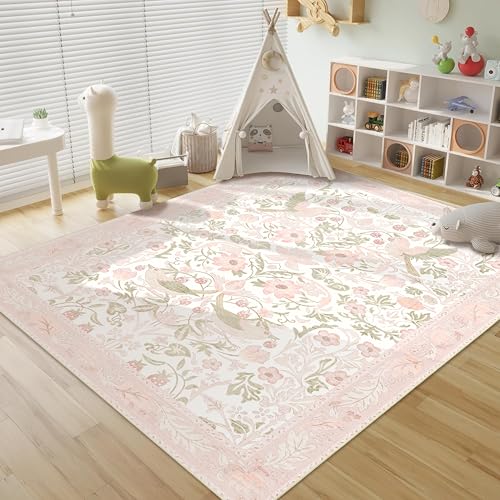 5'x7' Area Rugs Washable,Pink Rug for Living Room Bedroom,Large Boho Botanical Farmhouse Bohemian Distressed Oriental Carpet Non Slip,Blush Floral Bird - color: Pink Floral Bird, size: 5'x7'