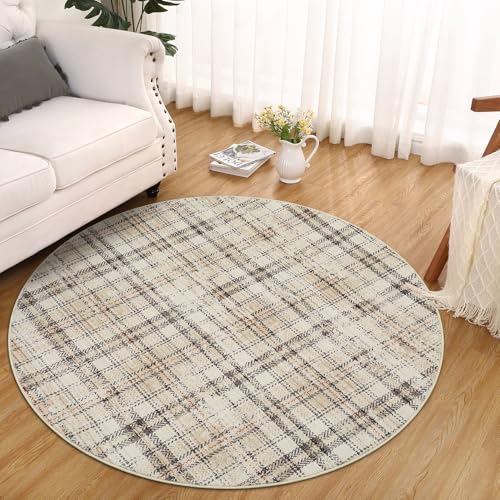 Garvee Tartan Plaid Washable Round Rug 4ft for Living Room Non Slip Circle Rugs，Farmhouse Soft Ultra-Thin Carpet for Entryway Kitchen Bedroom Nursery Bathroom, Beige 4'x4' - color: Plaid|beige, size: 4' (Round)