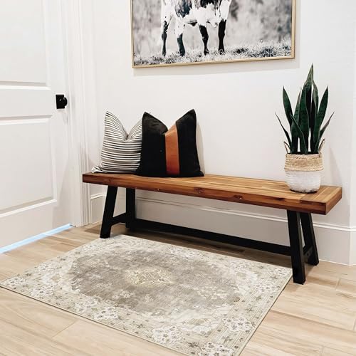 MUJOO Beige Rug 2'x3',Small Washable Area Rugs for Entryway Kitchen Bathroom Bedroom,Boho Vintage Bohemian Distressed Farmhouse Non Slip Carpet, Floral - color: Beige, size: 2' x 3' (Rectangular)