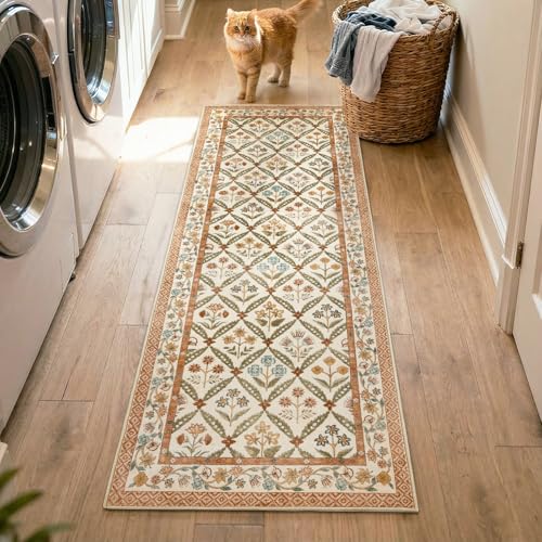 jinchan Haden Runner Rug 2x6 Vintage Floral Washable Hallway Rug for Entrance Kitchen Soft Non-Slip Low Pile Bedside Laundry Room Cottage Warm Indoor Decor Terracotta - color: Terracotta, size: 2' x 6' (Runner)
