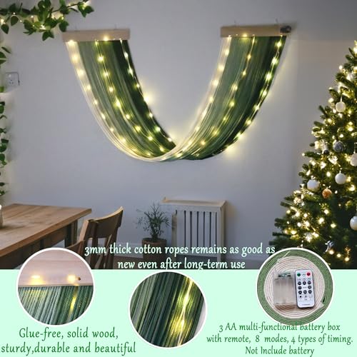 Macrame Fairy Lights Battery Operated with Remote,Large Macrame Wall Hanging with 20ft 100 LED String Lights,Green Gradient Warm White Light for Living Room,Bedroom,Christmas,Holiday Deco - color: Green-Warm White