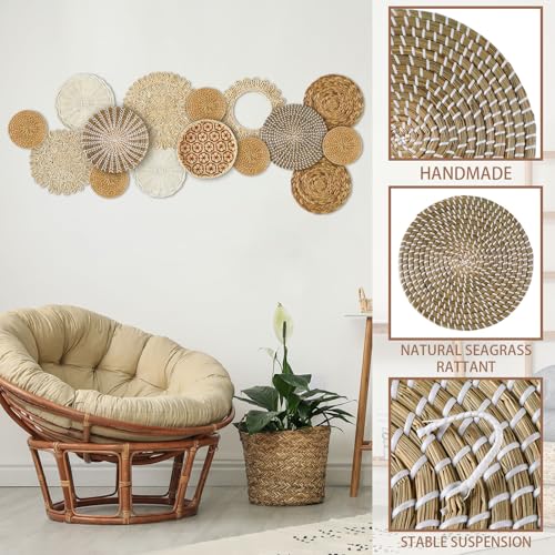 Xuhal 15 Pcs Boho Wall Basket Decor Handcrafted Seagrass Woven Wall Basket Rustic Round Woven Hanging Art for Home Farmhouse Kitchen Table Living Room(Fresh Style) - style: Fresh Style
