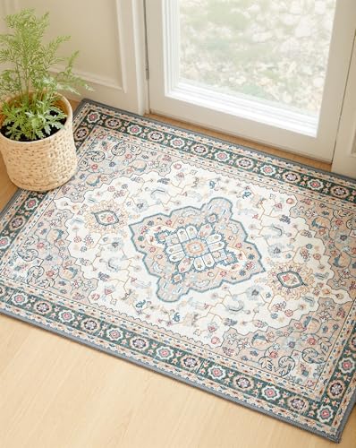MINIDEAR 2x3 Area Rugs for Entryway Kitchen, Washable Rug Small Rugs for Bedroom Non Slip Vintage Rug with Floral Print Carpet Mat for Home, Khaki - color: Khaki, size: 2' x 3' (Rectangular)