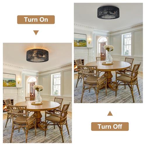 SineRise Flush Mount Ceiling Light (18-Inch, LED Bulb Included), Hand-Woven Boho Rattan Ceiling Light Fixture, Rattan Chandelier for Hallway Kitchen Farmhouse Foyer Entryway Living Room(Black) - color: Black, size: Large