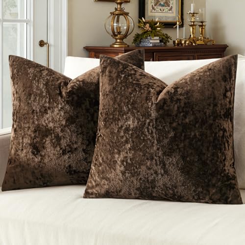 MIULEE Velvet Throw Pillow Covers Set of 2, Soft Neutral Decorative Pillow Cases with Luxurious Textured Vintage Cushion Covers for Home Decor Couch Sofa Bed,Brown 18x18 inch - color: Brown, size: 18" x 18" (Pack of 2)
