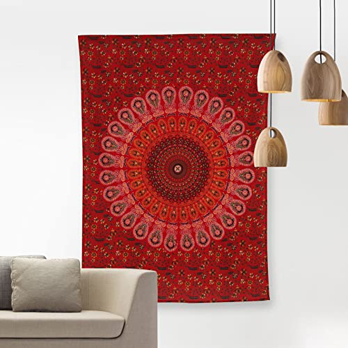 Bless International Handmade Indian hippie Bohemian Psychedelic Peacock Mandala Wall hanging College Dorm Beach Throws Table Cloth Bedding Tapestry (Golden Red, Poster(30x40Inches)(76x101cms)) - color: Golden Red, size: 40"L x 30"W