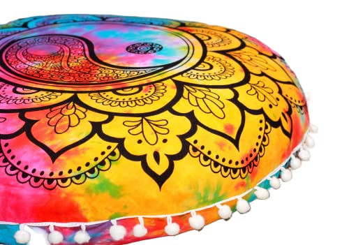 Round Mandala Floor Pillow Cover Seating Cushion Throw Cover Ottoman Pouf Cover Pom Pom Pillow Cases Hippie Decorative Bohemian Boho Indian 22 Inches (Multi Color) - color: Multi Color