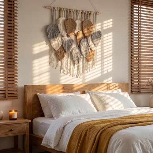 Jditngp Macrame Leaf Wall Hanging Boho Woven Tapestry,Vertical Large Wall Decor Tassels Grey brown Hand Woven Leaf Feather Pendants Nordic Wall Art for Bedroom Living Room Apartment 23.6" WX31.5 L - color: grey15
