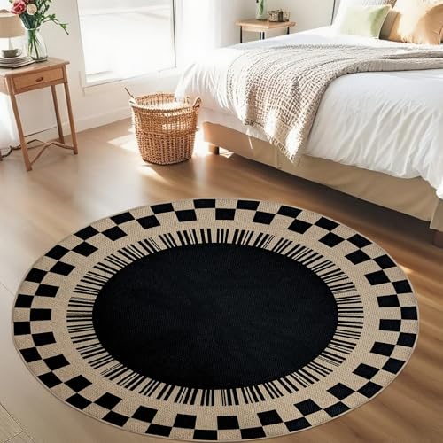 Easy Jute Checkered Rug, 4Ft Round Modern Indoor Outdoor Farmhouse Carpet, Washable Non-Slip Thin Neutral Floor Mat for Living Room Patio Kids Pets Room Playroom Home Office Kitchen, Black - color: Black Checker, size: 4'