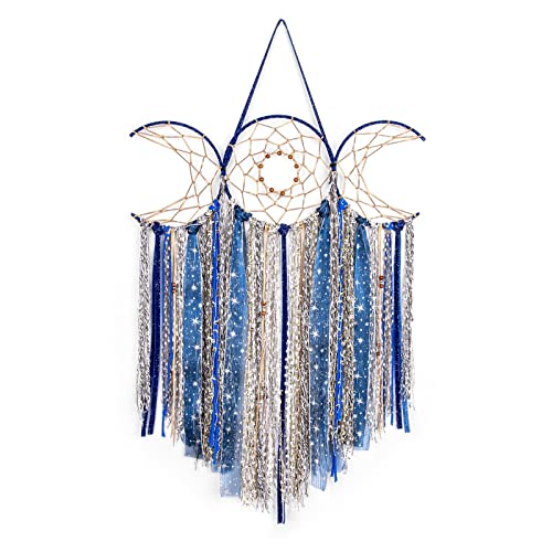 ANROYE Blue Triple Moon Goddess Macrame Wall Hanging, Boho Wiccan Crescent Dream Catcher, Bohemian Dreamcatcher Art for Women, Hippie Woven Pagan Tapestry Decor for Bedroom Decoration - color: Nebula Blue