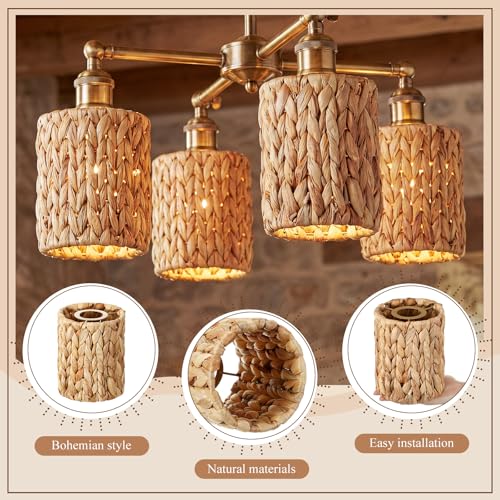 Gerrii 6 Pack Small Rattan Lamp Shades 5.91" (H) x 5"(D) Boho Woven Light Covers, Water Hyacinth Replacement Shades for Pendant Wall Ceiling Fixture, Clip on Bulb Decor