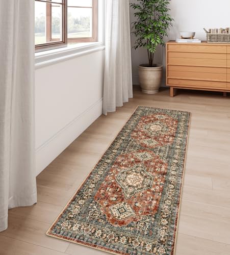 Lahome Oriental Kitchen Runner Rug Non Slip, 2x5 Washable Hallway Runner with Rubber Backing, Vintage Hallway Rug Ultra-Thin Soft Carpet for Bedroom Bathroom Eleanor, Brick Red - color: Brick Red, size: 2' x 5' (Runner)