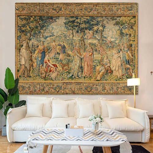 LATETOMT Medieval Tapestry Wall Hanging 60x44in, Renaissance Court Scene Wall Art, Vintage Polyester Tapestry for Living Room Bedroom Dorm LTMTAYW442 - color: Brown-1, size: 60"L x 44"W