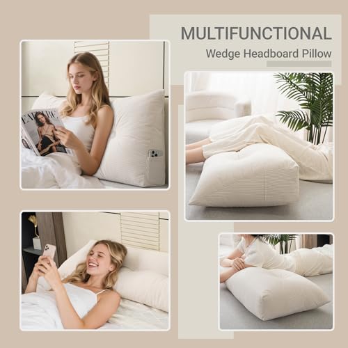 Headboard Pillow Bed Wedge Pillow for Headboard with Side Pocket Dorm Headboard Twin xl Long Back Pillow for Bed Bolster Pillow for Mattress Gap Filler White Reading Pillow for Bedroom Sofa Daybed - color: White