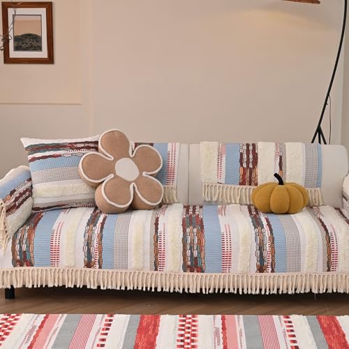 VClife Dog Boho Couch Cover, Washable Furniture Protector, 35.4 x 35.4 in | Tufted Tassel Sofa Cover, Non Slip Woven Geometric Sofa Slipcover, Multi-Size Universal Throw Cover For Couch, Pet Friendly - color: 02# Blue Grid, size: 35.4" x 35.4"