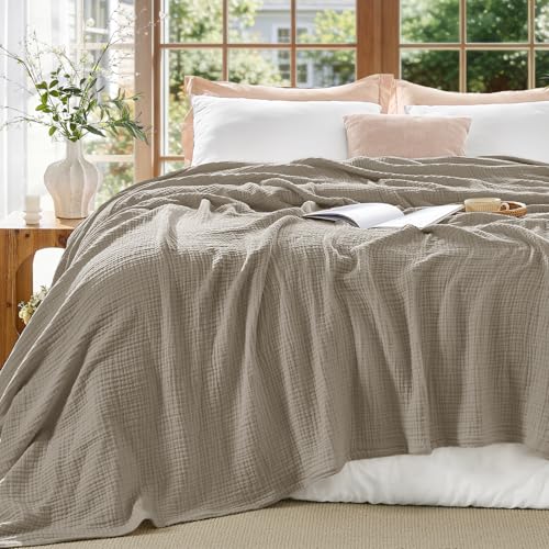 BEDELITE 100% Cotton Muslin Blankets for Adults - 4-Layer Queen Size Breathable and Lightweight Gauze Blanket for Couch, Bed, Travel and Summer, Soft & Cozy Gift for Women, Taupe, 90"x90" - color: Taupe, size: Queen(90"x90")