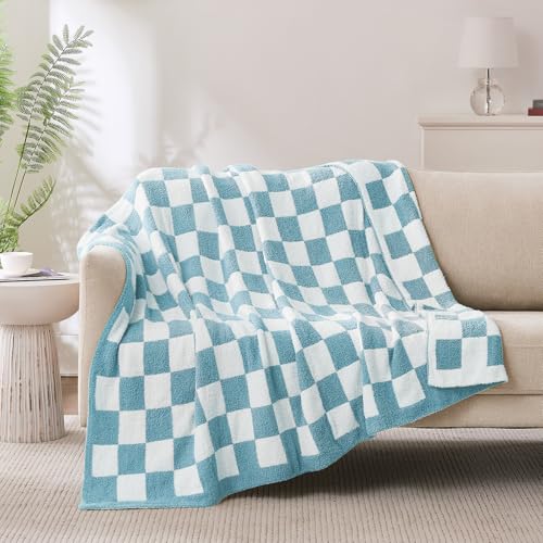 Checkered Throw Blanket, Light Blue Soft Cozy Fluffy Knitted Throw Blankets for Couch, Sofa, Bed, Chair, Warm Fuzzy Travel Picnic Lightweight Plaid Blanket, 50x70 inches - color: Light Blue, size: 50×70 Inch