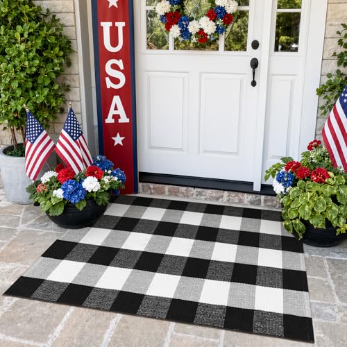 KIMODE Front Door Mat Buffalo Plaid Outdoor Rug 27.5"x43" Black and White Checkered Rug Farmhouse Front Porch Rug Outdoor Srping Decor Cotton Woven Washable Layered Door Mats - color: Black/White, size: 2'4" x 3'7" (Rectangular)