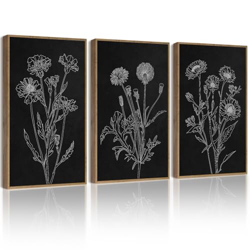 Drsoum Black White Flower Wall Art Vintage Minimalist Floral Wall Hanging Decor Botanical Prints Artwork for Office Dining Room Hallway 11x14in Natural Framed - color: White Flower, size: 11x14in, Natural Framed