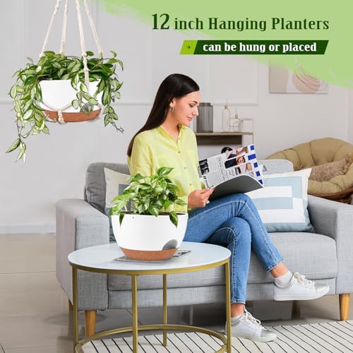 Hanging Planters for Outdoor Indoor Plants, 2 Pack 12 Inch Hanging Basket Plants Outdoor, Self Watering Hanging Planter with Plant Hanger for Garden Home Decoration (White) - color: White, size: 12 Inch