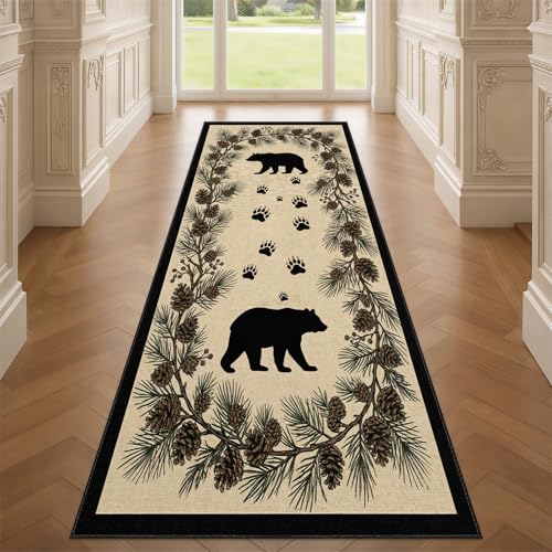 Bear Runner Rug 2x7, Pine Cones Rug for Entryway, Bear Paw Print Runner Rugs for Kitchen, Non-Slip Machine Washable Farmhouse Carpet - color: Bear, size: 2' x 7'(Runner)