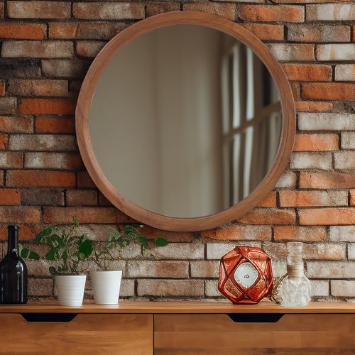 MAGFLERUM 24 Inch Round Wood Circle Mirror - Boho Style Wall Decor for Bedroom, Living Room, Hallway (Brown) - color: Brown2, size: 24"L x 24"W