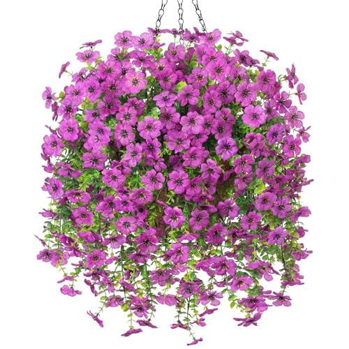 Ammyoo Artificial Fake Hanging Flowers with Basket for Outdoor Spring Decoration, Faux Silk Daisy Flower Real Touch Hanging Plants UV Resistant for Outside Porch Patio Garden Yard Home Decor(Purple) - color: Purple
