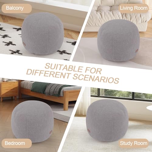 MeMoreCool Stuffed Round Pouf Ottoman Foot Rest, Floor Pouf Foot Stool with Soft Foam Chunk Filling, Small Round Ottoman Footstool Circle Footrest for Living Room, Light Grey - color: Teddy Grey