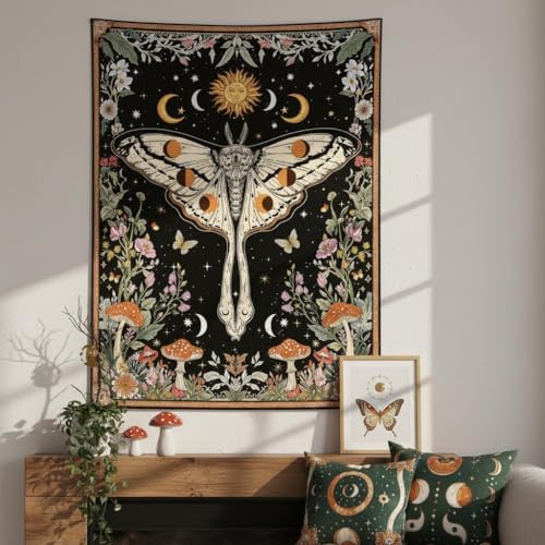 Aipon Boho Moth Tapestry Vintage Floral Flowers Tapestries Aesthetic Retro Mushroom Tapestries for Bedroom Sun and Moon Indie Small Tapestry Wall Hanging for Living Room Dorm 48 x 36 Inch - color: Black Mushroom Moth, size: 48"L x 36"W