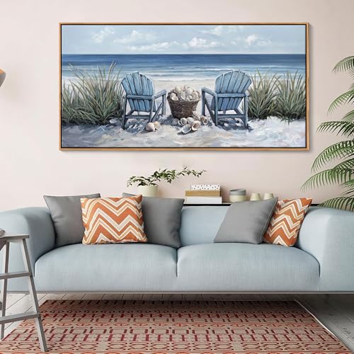 HGUAOA Coastal Wall Art - Large Landscape Wall Pictures for Living Room, Bedroom Pictures, Ocean Beach Artwork, Blue Above Bed Wall Decor Coastal Landscape Wall Art,Framed Beach Pinting - color: Blue-F, size: 48"L x 24"W