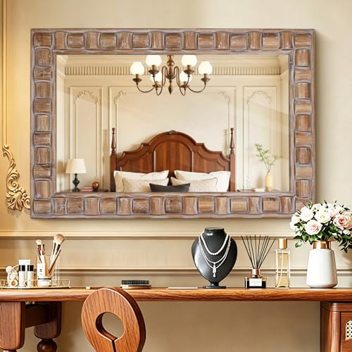 36x24 Inch Rustic Rectangle Wall Mirror - Solid Wood Frame Bathroom Vanity Mirror for Over Sink, Entryway, Living Room & Bedroom - color: C - Rectangle - 36x24 in
