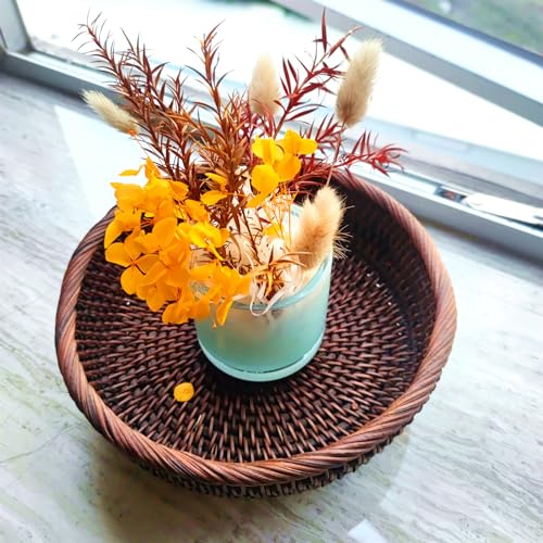8 Inch Round Rattan Bowl Basket, Handmade Wicker Basket Tray with Scalloped Edge and 3”Deep Wall, Decorative Woven Dark Brown Bread Basket Fruit Bowl Key Holder Table Centerpiece, S - color: S - D7.9 x H2.4 inch