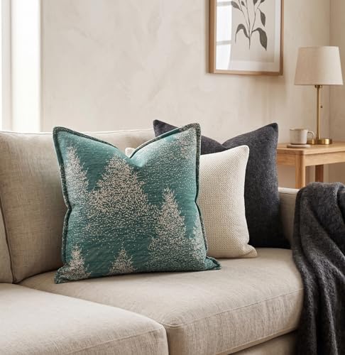 SanVia Cotton Throw Pillow Covers 20x20 – Handwoven Jacquard Texture, Fade-Resistant, No Pilling – Hidden Zipper, Decorative Cushion Cover for Sofa, Couch, Bed – Insert Not Included (Floral, Green) - color: Moss & Snow, size: 20" x 20"
