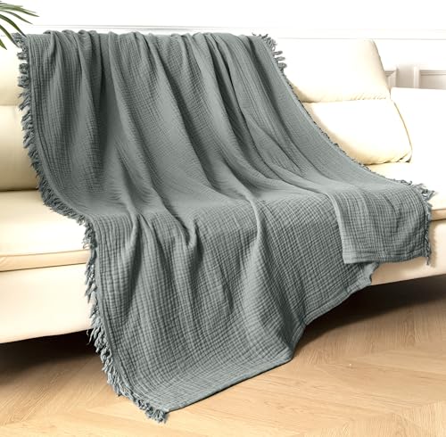 KyraHome 100% Organic Cotton Muslin Throw Blankets for Adults, Couch, 90" x104“ King, Pre-Washed, Breathable Lightweight Gauze Summer Bed Blankets, Bedspread, All Season, Sage Green - color: Sage Green, size: King