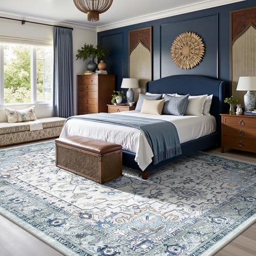 8x10 Area Rugs for Living Room - Washable Rug Vintage Distress Boho Medallion Rugs for Bedroom, Soft Non-Slip Backing Low Pile Carpet for Dining Room Office Nursery Home, Blue Grey Purple - color: C- Blue/Grey/Purple, size: 8' x 10' (Rectangular)