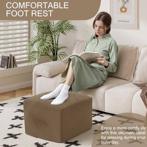 MeMoreCool Square Stuffed Pouf Ottoman Foot Rest, Floor Pouf Foot Stool with Foam Chunk Filling, Soft Stuffed Ottoman Footrest for Living Room, Light Coffee - color: Grid Light Coffee