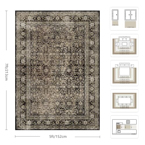 5x7 Area Rugs - Washable Vintage Retro Living Room Rug, Soft Ultra Thin Non Slip Low Pile Traditional Distressed Boho Carpet for Bedroom Dining Room Nursery Home Office, Brown - color: C-vintage Brown, size: 5x7