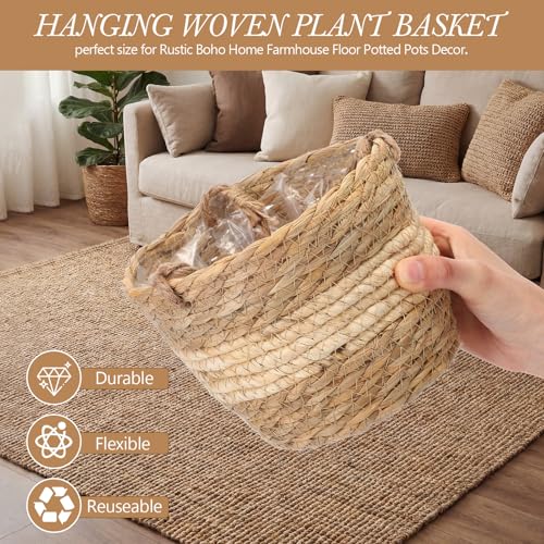 6 Pcs Seagrass Hanging Planter Basket Hand Woven Plant Basket with Plastic Liners Hanging Plant Holder Storage Containers with Cotton Rope for Indoor Outdoor Garden Home Decor(Beige) - color: Beige, size: Small