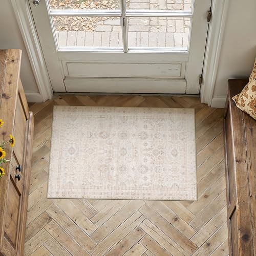 2x3 Washable Neutral Area Rug for Entryway Beige Non Slip Soft Thin Throw Rug Floral Durable Low Pile Carpet Modern Stain Resistant Door Mat for Living Room Laundry Kitchen Office Playroom - color: Accent | Beige Multi, size: 2'x3'