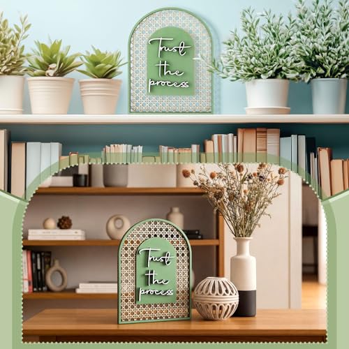 Honoson Boho Shelf Decor Trust The Process Wooden Standing Sign Inspirational Hollow Arched Table Decoration Sage Green Natural Wood Tabletop Decoration for Home Office Bedroom Living Room Shelf Decor