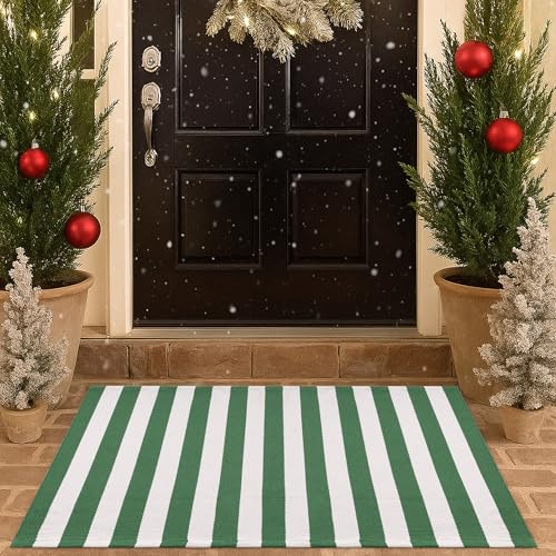 Christmas Green & White Striped Rug - 28 x 43 Inches Outdoor Front Door Decor Mat Cotton Washable Hand-Woven Rug Christmas New Year Holiday Porch Entryway Layered Doormat - color: Green & White Striped, size: 2'4" x 3'7" (Rectangular)