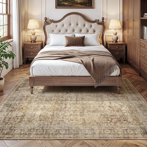 FMFUNCTEX 5x7 Washable Area Rug Brown Neutral Vintage Distressed Oriental Large Non Slip Carpet for Living Room Bedroom Traditional Retro Soft Low Pile Indoor Rugs for Dining Room Office Nursery - color: Brown, size: 5' x 7' (Rectangular)