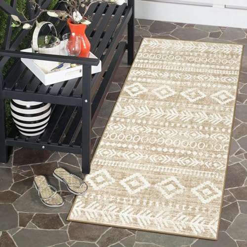 Lahome Boho Geometric Bathroom Runner Rug, 2x4 Low-Pile Tan Washable Rugs for Entryway Non-Slip Rubber Backing, Rustic Print Pattern Soft Throw Mat Indoor Door Mat for Bedroom Bathroom Varena - color: Tan/White, size: 2' x 4'