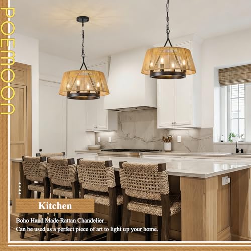Farmhouse Boho Woven Chandeliers 18’’ Hand Rattan Ceiling Pendant Light 4-Light Chandelier Lighting Fixture for Dining Room, Hallway, Entryway, Kitchen,Bedroom, E12 - size: Trapezoid-17.7''-I