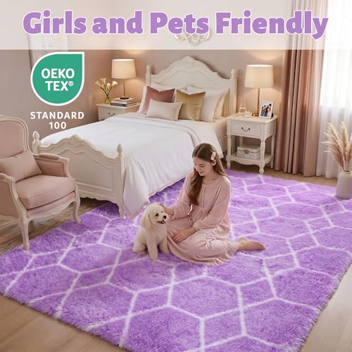 ONASAR Area Rugs for Bedroom Living Room, 4x6 Fluffy Purple and White Throw Rug, Boho Geometric Soft Shaggy Fuzzy Plush Indoor Floor Carpet for Kids Teen Nursery Dorm Home Decor Aesthetic - color: Purple / White, size: 4' x 6' (Rectangular)