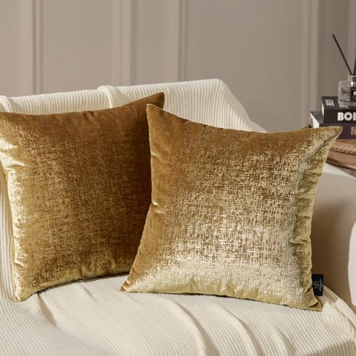 Phantoscope Pack of 2 Sparkling Velvet Decorative Solid Throw Decorative Pillow Cover Soft Gold Glitter Square Cushion Cover Pillowcase for Couch Bed and Chair, Gold, 20 x 20 inches, 50 x 50 cm - color: Gold, size: 20" x 20" (Pack of 2)