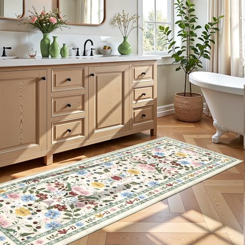 Deerly Floral Runner Rug 2x6 for Hallway Vintage Boho Washable Bathroom Kitchen Bedroom Runner Rugs Non-Slip Soft Low Pile Thin Indoor Carpet for Laundry Room Farmhouse, Beige/Green/Multi - color: Beige/Green/Multi, size: 2' x 6' (Runner)