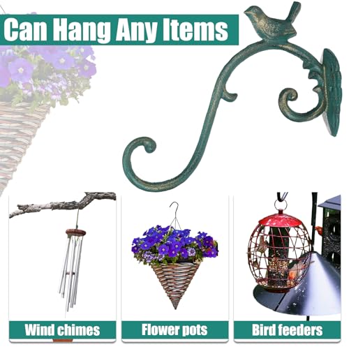 Moxweyeni 2 Pcs Cast Iron Plant Hangers Outdoor 10" Heavy Duty Hanging Basket Brackets Lovely Bird Shape Decorative Wall Hangers for Flower Pots Bird Feeder Wind Chime Lantern(Golden Green) - color: Golden Green