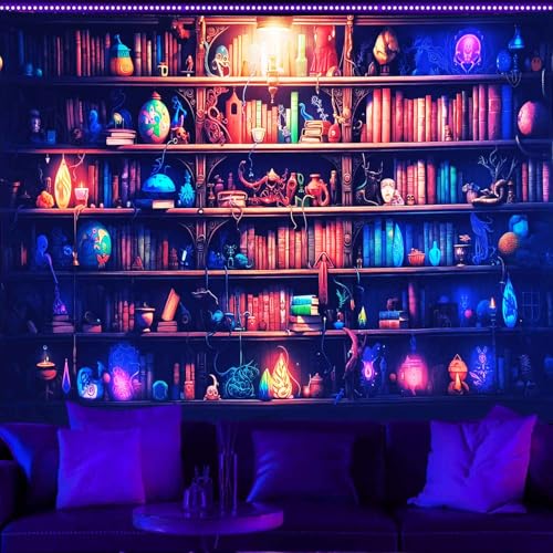 Algasan Blacklight Bookshelf Tapestry Fantasy Magic Book Wall Tapestry UV Reactive Witchy Gothic Tapestries Wall Hanging Aesthetic Poster for Bedroom Living Room Dorm 60 x 80 Inch