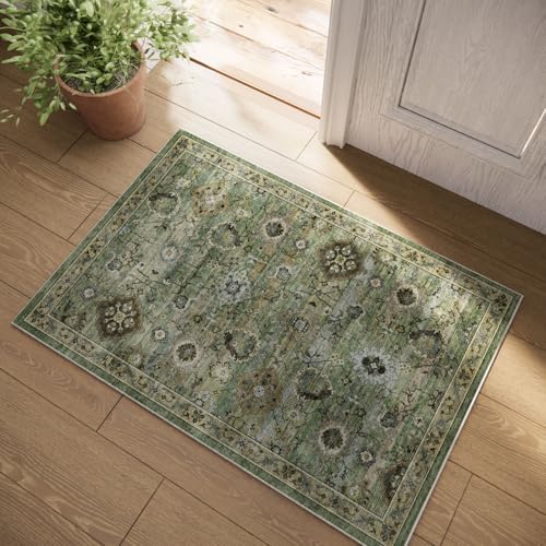 Machine Washable Small Rugs for Kitchen: Door Mat Indoor Entrance 2x3 Throw Rug Stain Resistant Non-Slip Low Pile Soft Carpets for Entryway Front Door Indoor Entrance Entry Bedroom - color: Green and Beige, size: 2' x 3' (Rectangular)